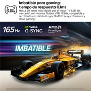 LG OLED evo AI C6 for Unbeatable Gameplay in 4K 165Hz shows a high-speed racing game with a yellow open-wheel car in motion, bold “WIN” text on screen, and NVIDIA G-SYNC and AMD FreeSync Premium logos at the top.